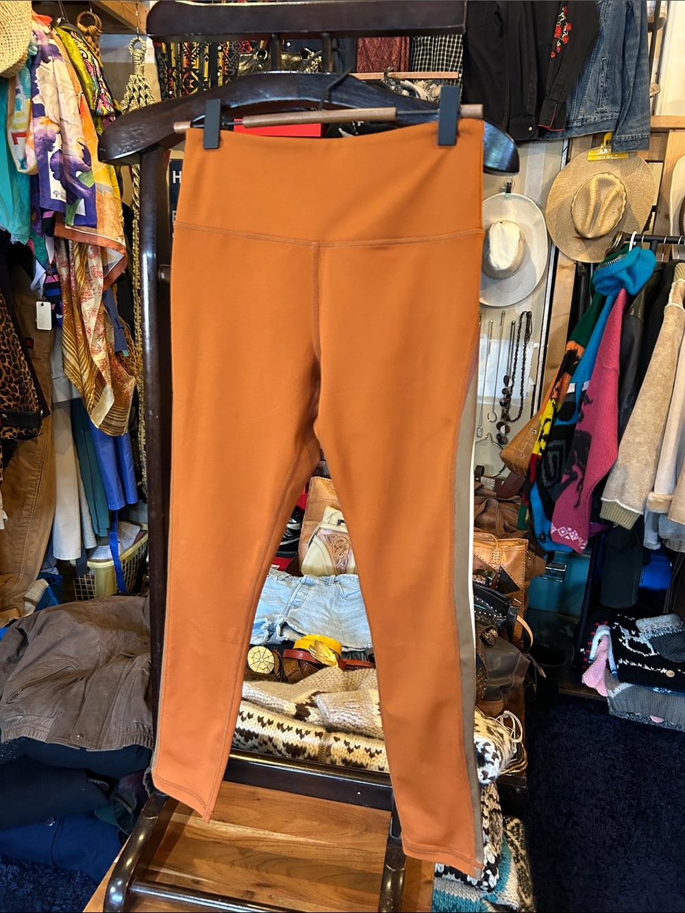 ZYIA Rust Orange Leggings with Cream Side Stripes